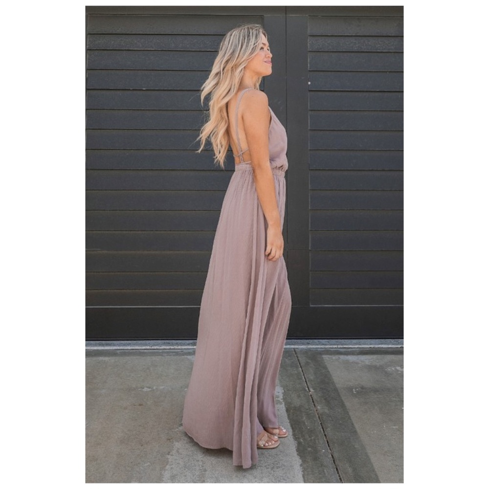 SOLD OUT Mauve Solid Rayon Gauze Sleeveless Open Back Maxi Dress W/ Slit - Picture 3 of 6